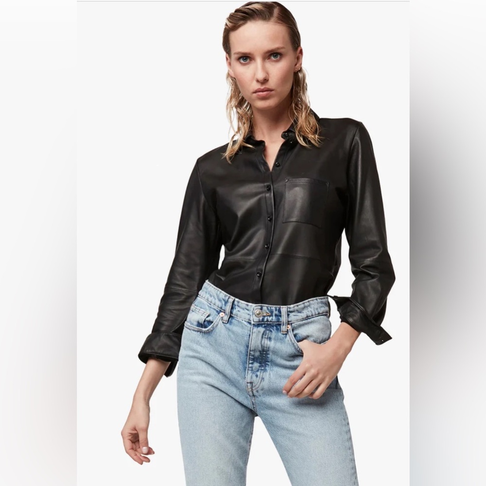 AS by DF La Nuit Recycled Leather Blouse Button Up Pockets Size Small Black